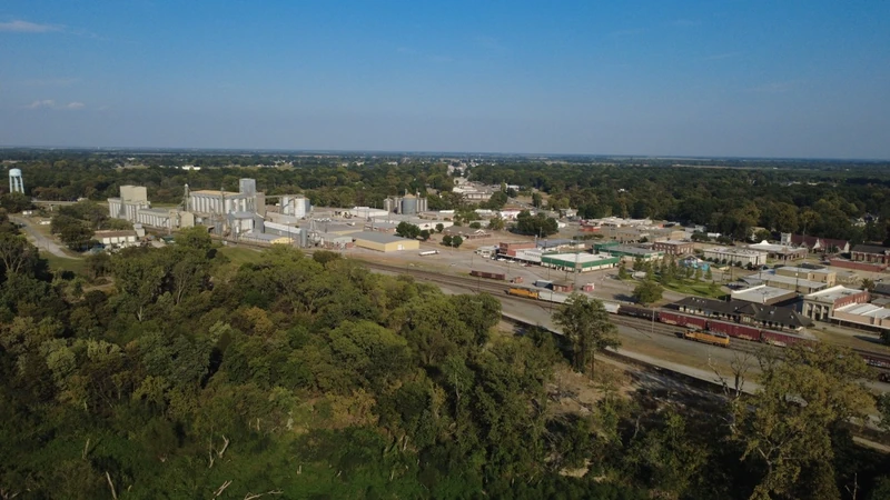 Town buildings, trees and railway seen from above